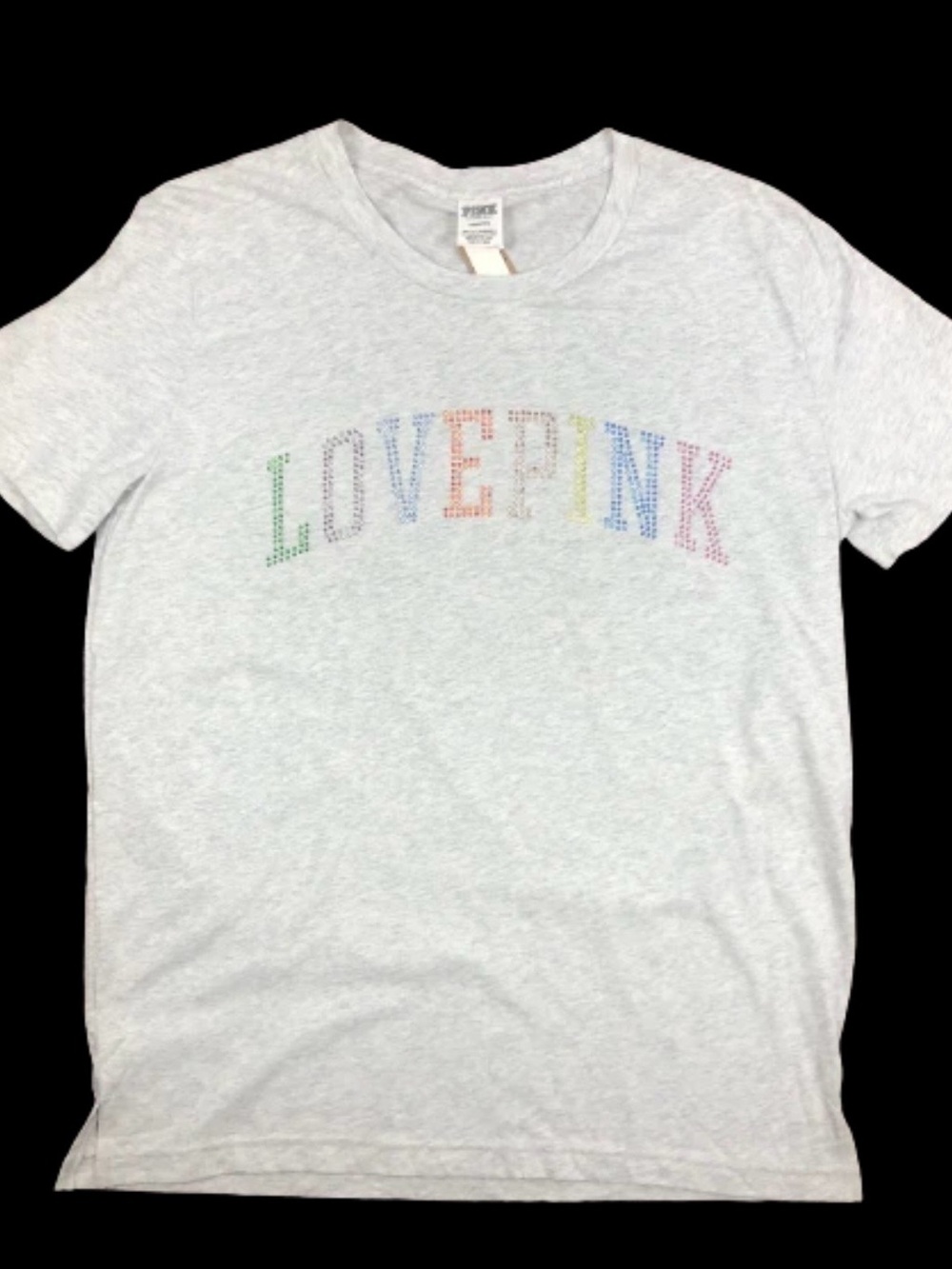 Victoria’s Secret PINK LOVE PINK Rainbow Rhinestone Graphic T-Shirt Gray L NWOT